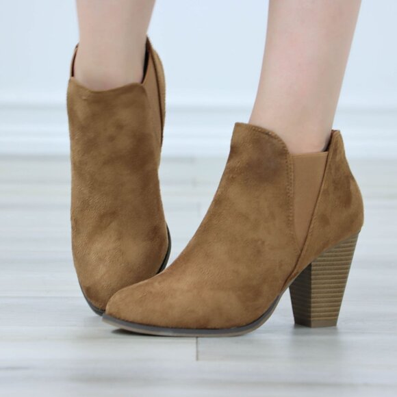 Tan Suede Ankle Boots Chelsea Pointed Toe Cone High Heel Booties - Picture 9 of 10